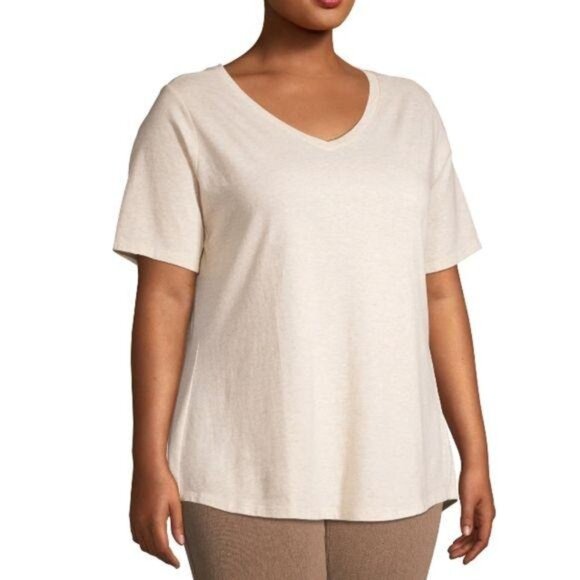 Terra & Sky Womens Beige V-Neck Short Sleeve Relaxed Fit Top Size 4X (28W-30W) - Picture 1 of 9